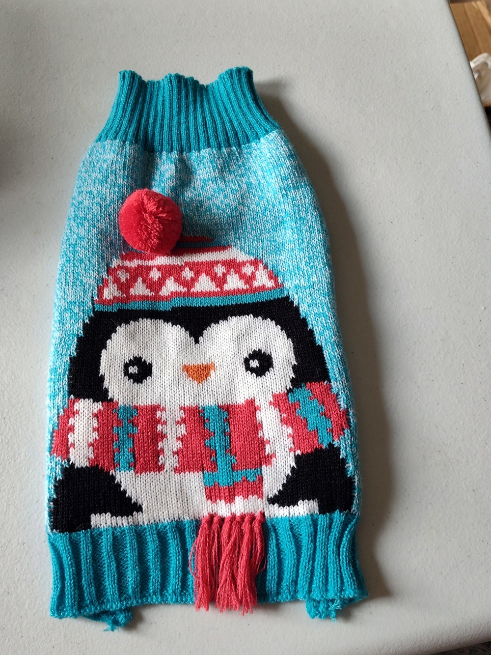 Turquoise Penguin Knit Pet Sweater with Red Pom and Scarf